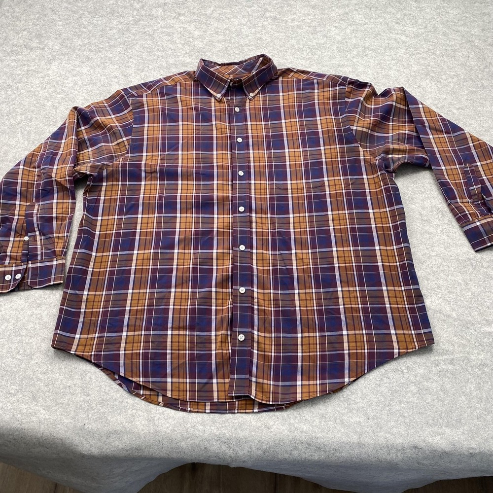 Roundtree & Yorke Shirt Mens Big 2X Brown Plaid Long Sleeve Button Up Casual